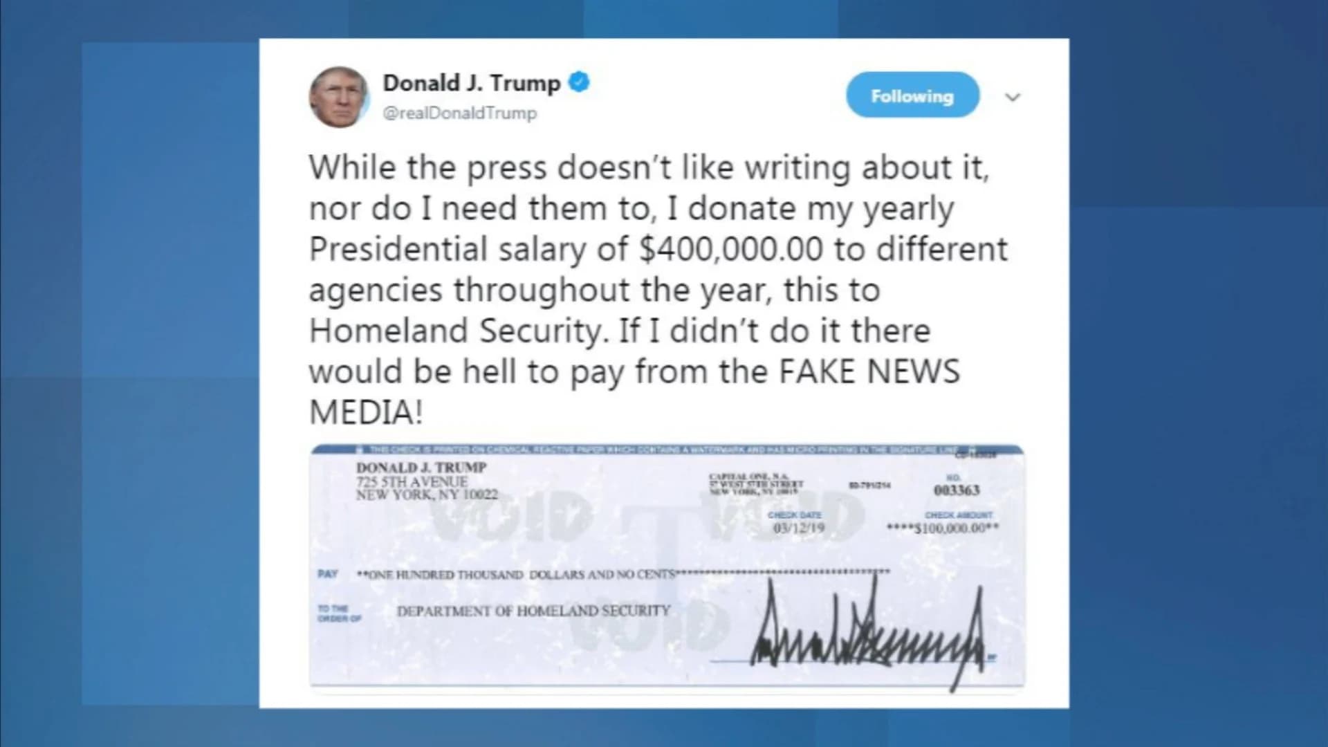 President Trump tweets donation check to Homeland Security