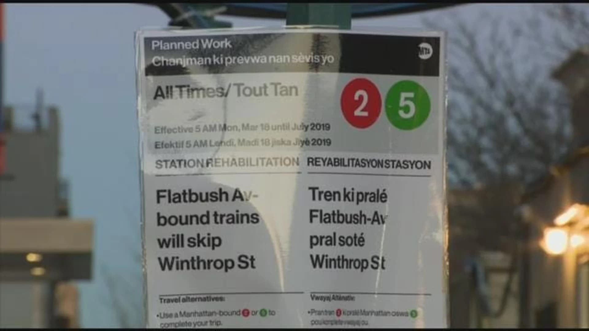 Renovations halt 2 and 5 train service at Winthrop Street station